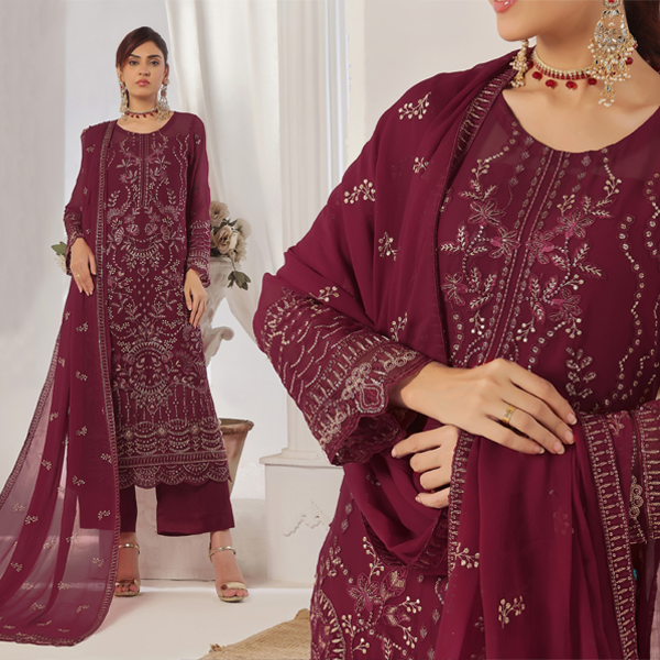 Elegant Maroon Embroidered Chiffon Suit – 3